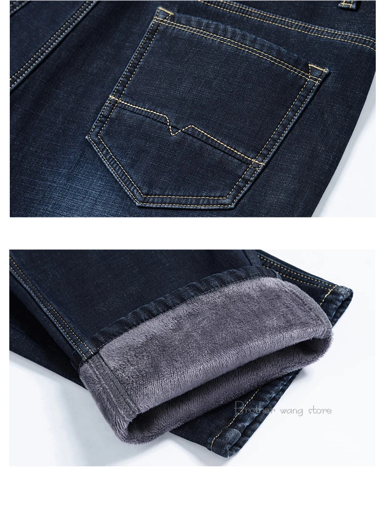 Classic Style Winter Men's Warm Business Jeans Fashion Casual Denim Stretch Cotton Thick Fleece Denim Pants Male Brand Trousers