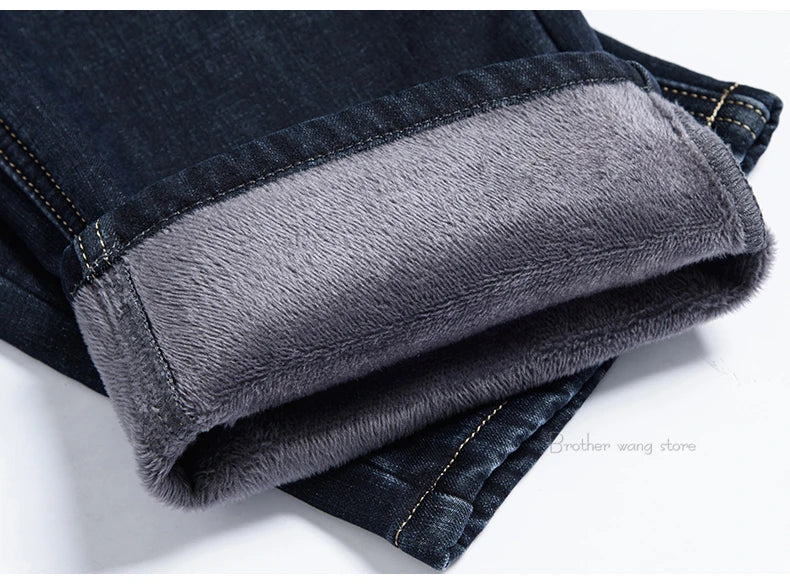 Classic Style Winter Men's Warm Business Jeans Fashion Casual Denim Stretch Cotton Thick Fleece Denim Pants Male Brand Trousers