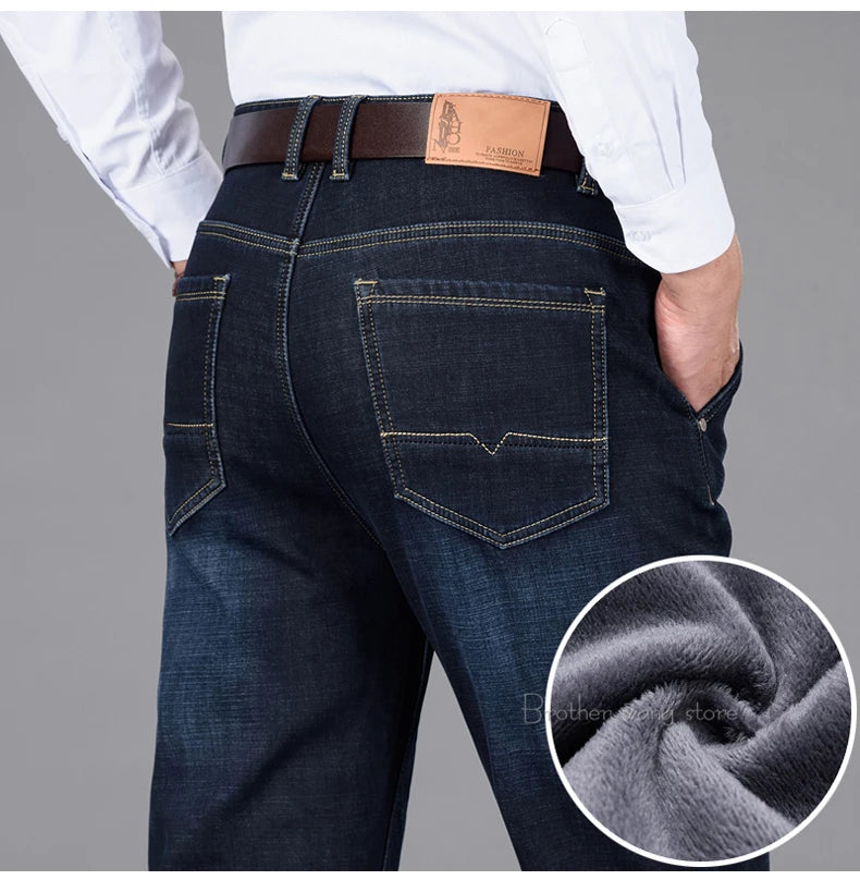 Classic Style Winter Men's Warm Business Jeans Fashion Casual Denim Stretch Cotton Thick Fleece Denim Pants Male Brand Trousers