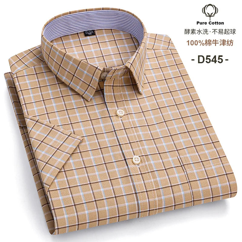 6XL 7XL 100% cotton men's short sleeve shirt Summer non-ironing Business casual Plus size High quality breathable plaid