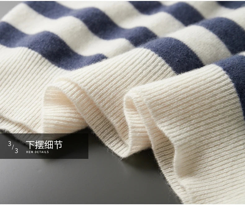 autumn and winter New 100% merino wool cashmere sweater men's O-neck pullover knitted striped contrast fashion loose top coat