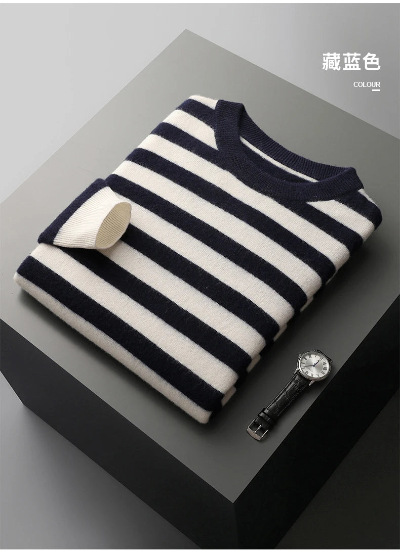 autumn and winter New 100% merino wool cashmere sweater men's O-neck pullover knitted striped contrast fashion loose top coat