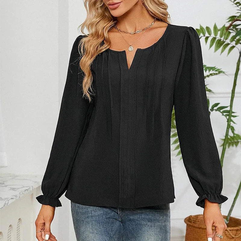 Women Chiffon Blouse V-Neck Long-Sleeve Fashion Solid Color Pullover Shirt Basic Chic Tops Business Office Lady Elegant Clothing