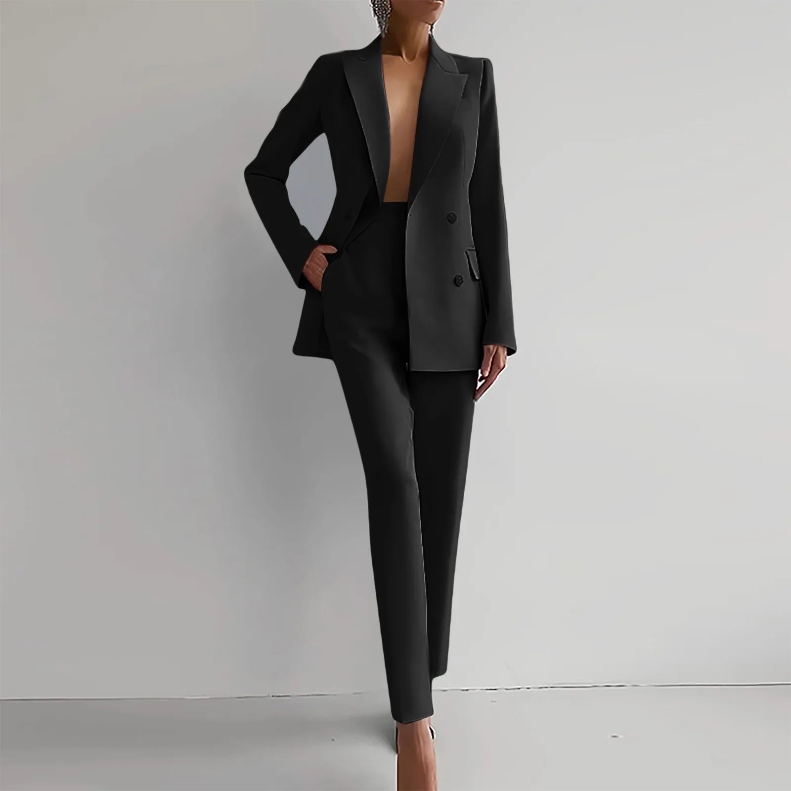 Ladies Lapel Slim Blazers Jacket Tops&Trousers Two Piece Suit Chic Women Solid Work Outfits Autumn Double Breasted Blazer Set