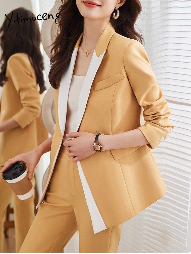 Yitimuceng Elegant Office Blazer for Women Long Sleeve New Pattern Solid Simplicity Slim Lapel Double Breasted Pant Suits