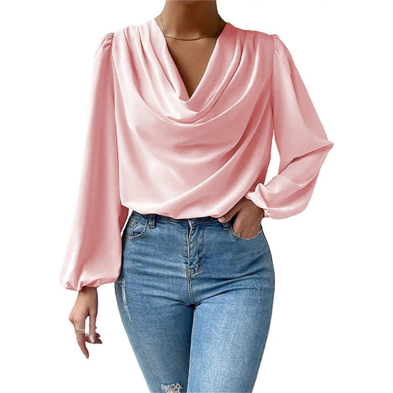 Solid Color Blouses for Women Puff Long Sleeve Shirts Elegant Drape Cowl Neck Ruched Front Loose Pullover Top Dropship