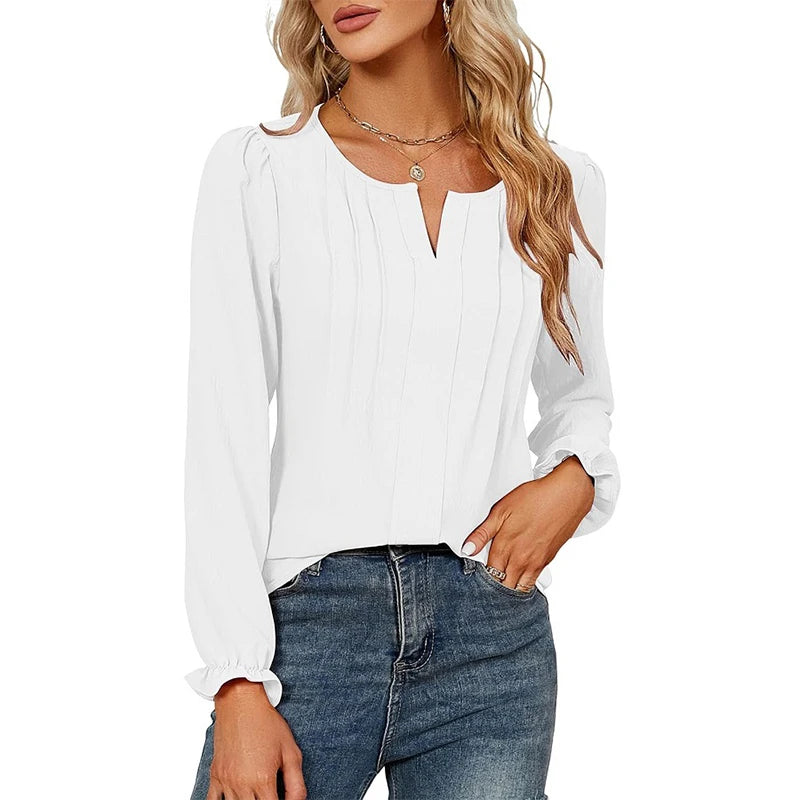 Women Chiffon Blouse V-Neck Long-Sleeve Fashion Solid Color Pullover Shirt Basic Chic Tops Business Office Lady Elegant Clothing