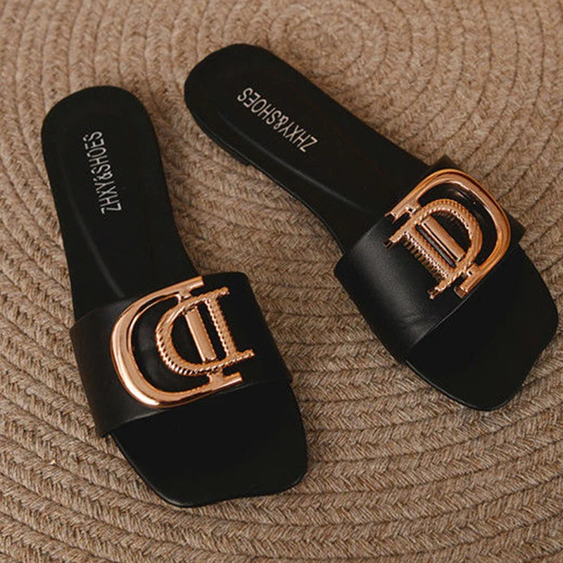 Luxury Women Slippers Buckle Design Small Incense Style Casual Women Flat Sandals External Wear Summer Sandy Beach Women Slides