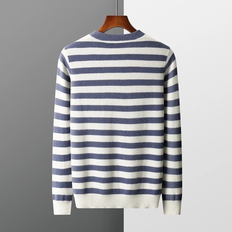 autumn and winter New 100% merino wool cashmere sweater men's O-neck pullover knitted striped contrast fashion loose top coat