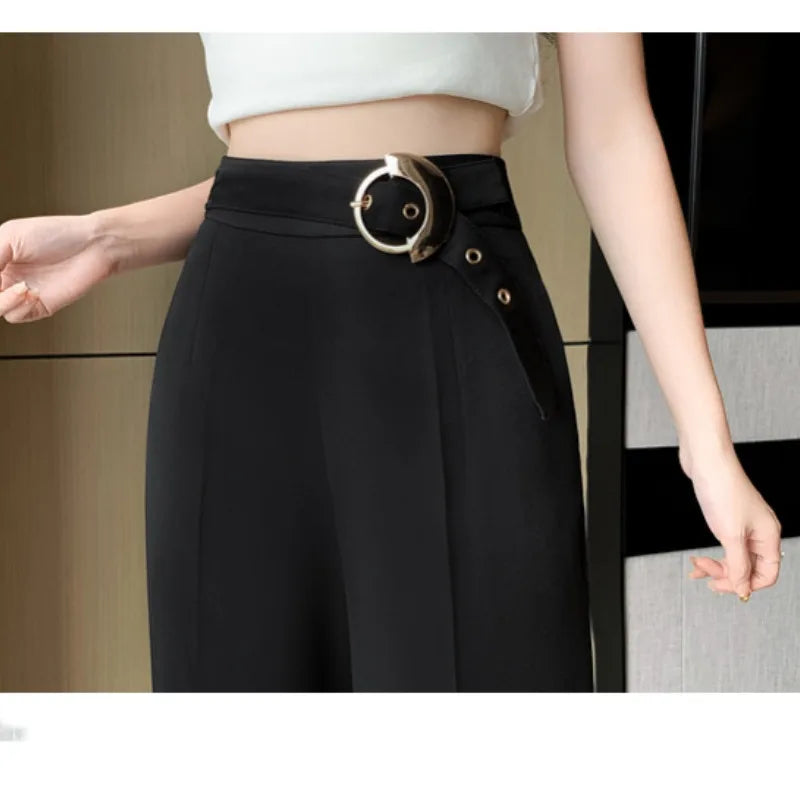 2024 New Women's Summer Simple Solid Color Belt Elastic High Waist Fashion Casual Versatile Slim Fit Loose Wide Leg Pants