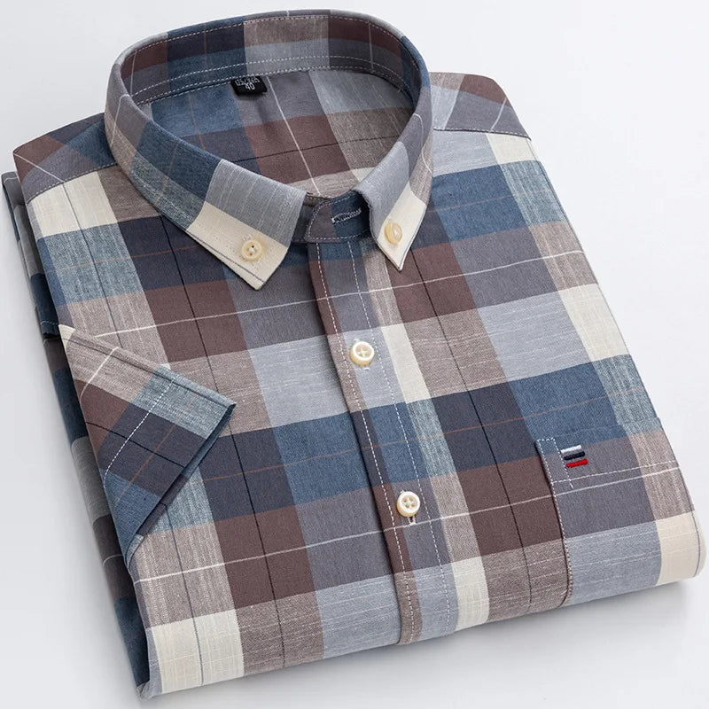 6XL 7XL 100% cotton men's short sleeve shirt Summer non-ironing Business casual Plus size High quality breathable plaid