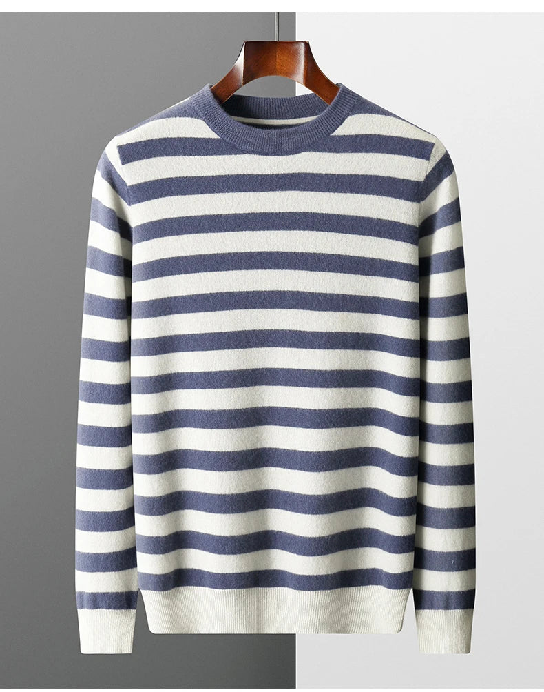 autumn and winter New 100% merino wool cashmere sweater men's O-neck pullover knitted striped contrast fashion loose top coat