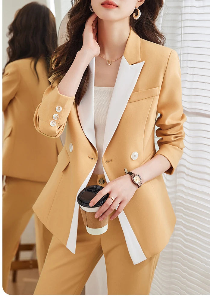 Yitimuceng Elegant Office Blazer for Women Long Sleeve New Pattern Solid Simplicity Slim Lapel Double Breasted Pant Suits