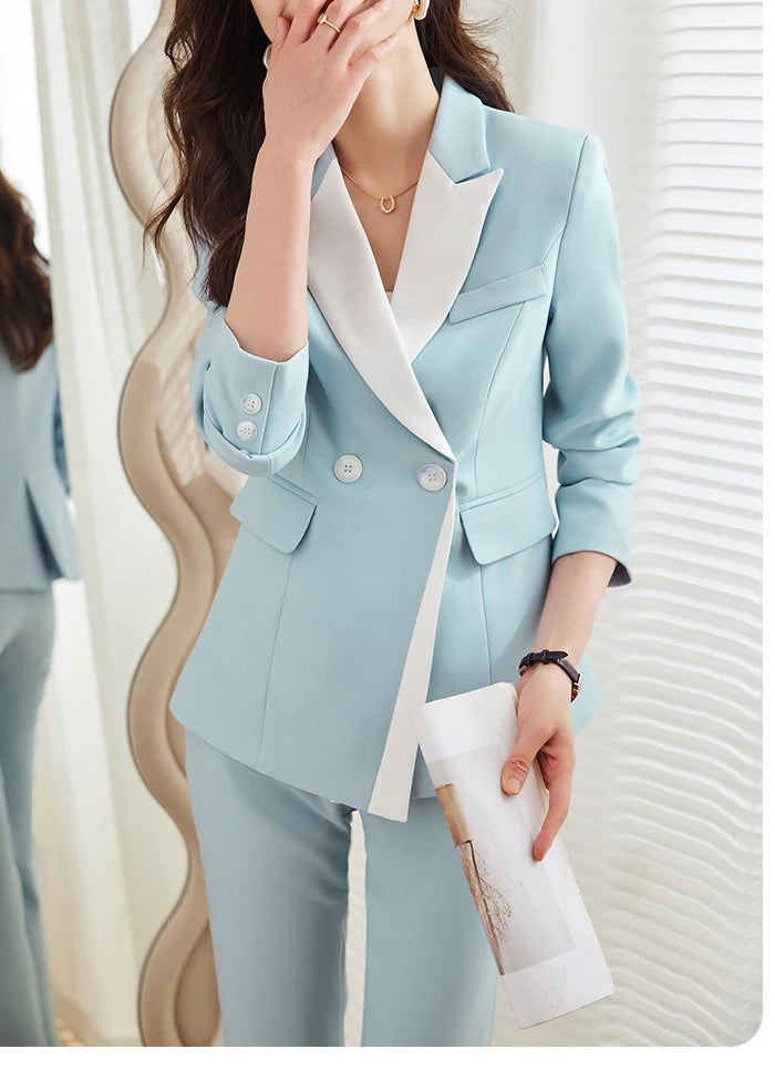 Yitimuceng Elegant Office Blazer for Women Long Sleeve New Pattern Solid Simplicity Slim Lapel Double Breasted Pant Suits