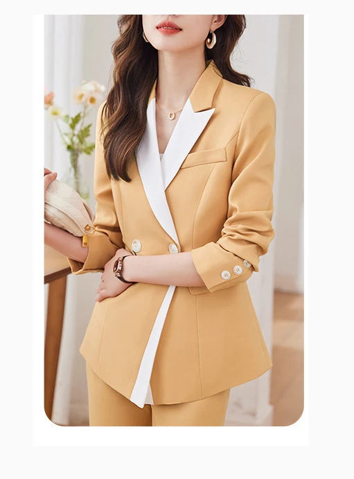 Yitimuceng Elegant Office Blazer for Women Long Sleeve New Pattern Solid Simplicity Slim Lapel Double Breasted Pant Suits