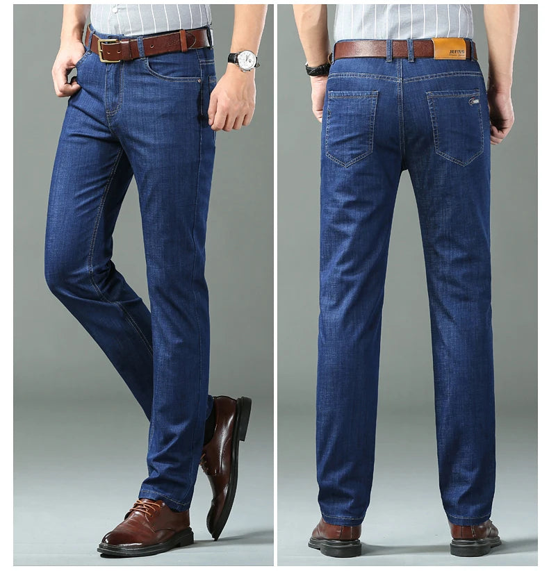 New Ice Silk Thin Denim Jeans For Men Blue Straight Stretch Cotton Pants Business Casual Lightweight Trousers Spring Summer