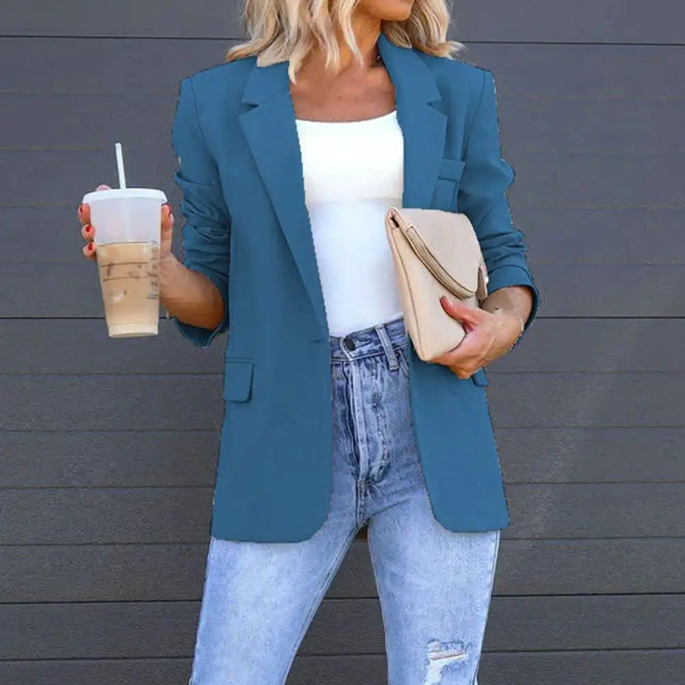 Chic Woman Button Placket Pure Color Temperament Casual Blazer Comfortable Suit Coat Back Split Hem Female Clothing