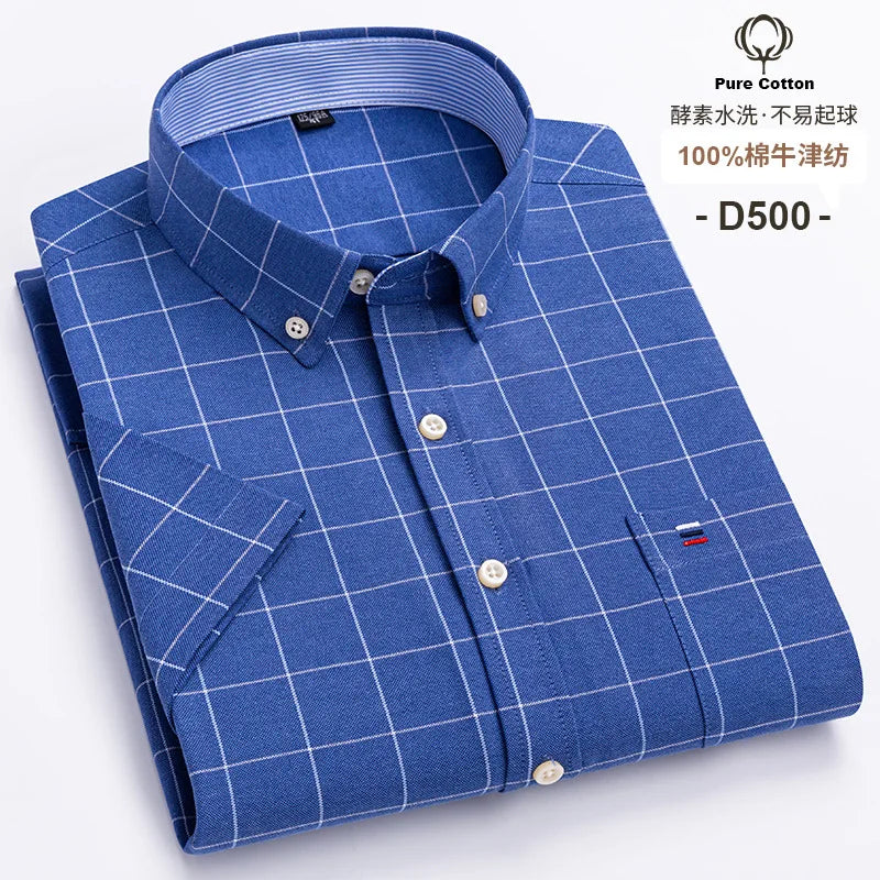 6XL 7XL 100% cotton men's short sleeve shirt Summer non-ironing Business casual Plus size High quality breathable plaid