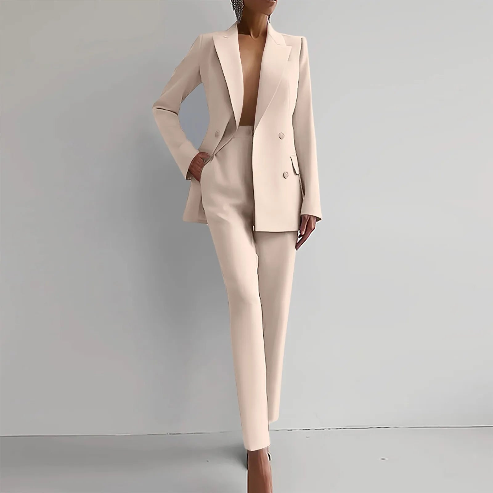 Ladies Lapel Slim Blazers Jacket Tops&Trousers Two Piece Suit Chic Women Solid Work Outfits Autumn Double Breasted Blazer Set