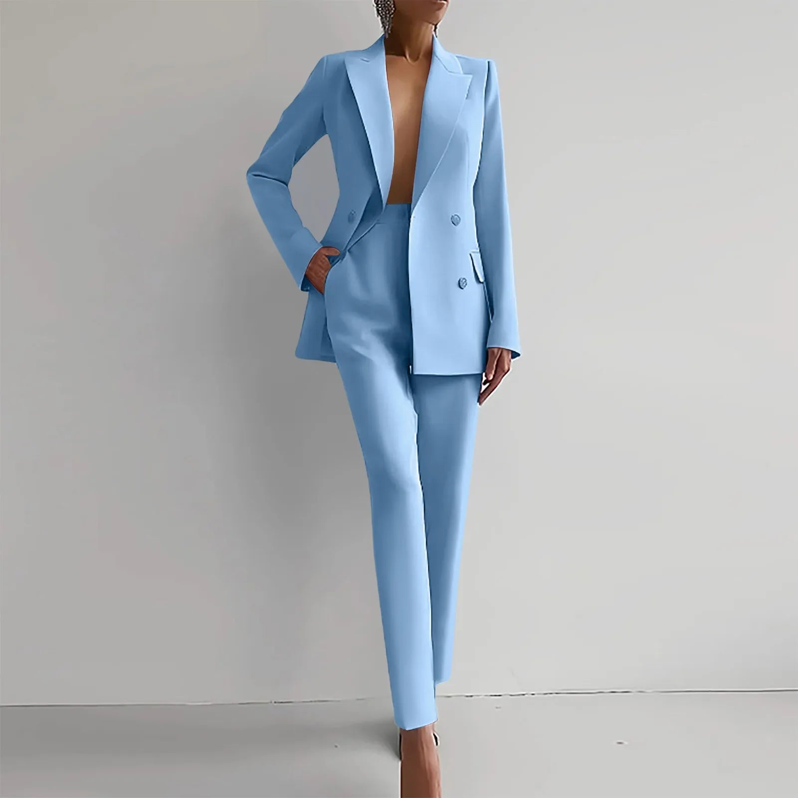 Ladies Lapel Slim Blazers Jacket Tops&Trousers Two Piece Suit Chic Women Solid Work Outfits Autumn Double Breasted Blazer Set