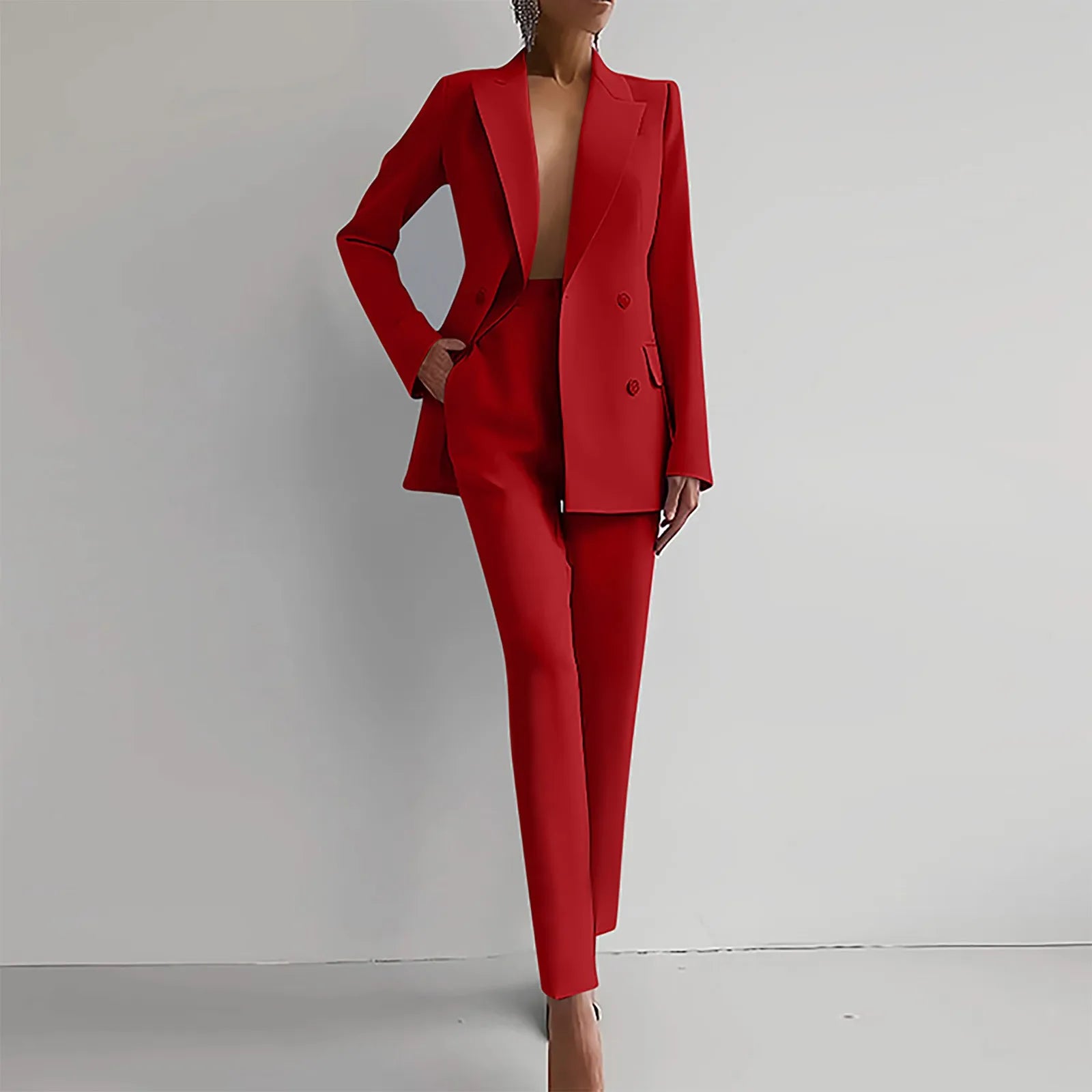 Ladies Lapel Slim Blazers Jacket Tops&Trousers Two Piece Suit Chic Women Solid Work Outfits Autumn Double Breasted Blazer Set