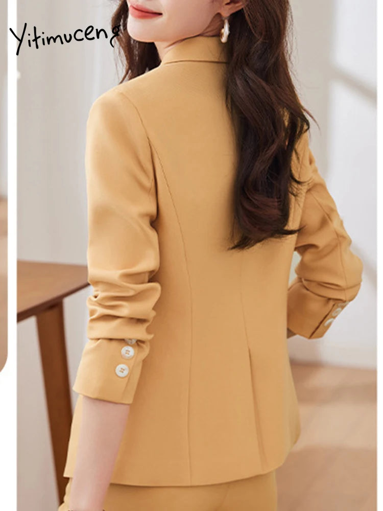 Yitimuceng Elegant Office Blazer for Women Long Sleeve New Pattern Solid Simplicity Slim Lapel Double Breasted Pant Suits