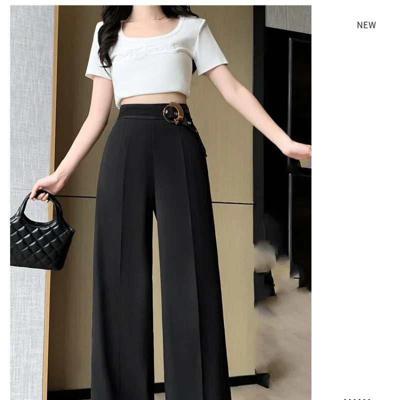 2024 New Women's Summer Simple Solid Color Belt Elastic High Waist Fashion Casual Versatile Slim Fit Loose Wide Leg Pants