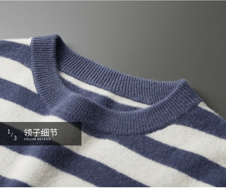 autumn and winter New 100% merino wool cashmere sweater men's O-neck pullover knitted striped contrast fashion loose top coat