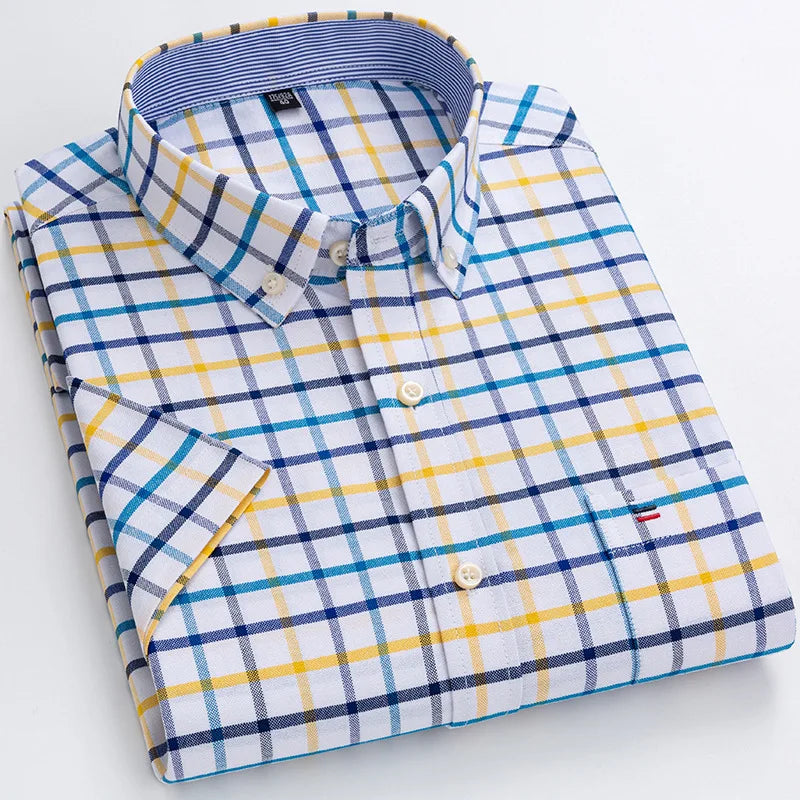 6XL 7XL 100% cotton men's short sleeve shirt Summer non-ironing Business casual Plus size High quality breathable plaid