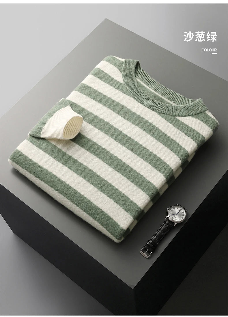 autumn and winter New 100% merino wool cashmere sweater men's O-neck pullover knitted striped contrast fashion loose top coat