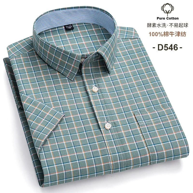 6XL 7XL 100% cotton men's short sleeve shirt Summer non-ironing Business casual Plus size High quality breathable plaid