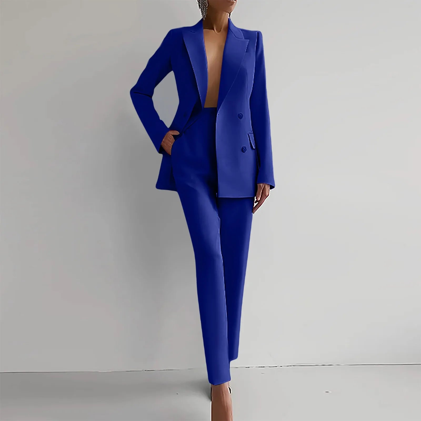 Ladies Lapel Slim Blazers Jacket Tops&Trousers Two Piece Suit Chic Women Solid Work Outfits Autumn Double Breasted Blazer Set