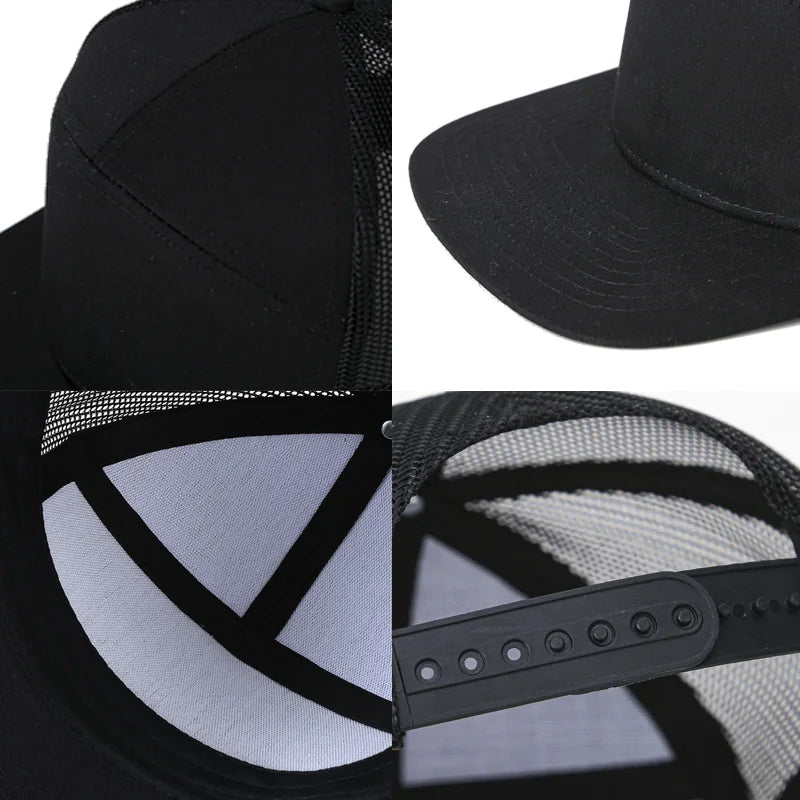 Custom Logo Text 7 Panel Flat Brim Baseball Cap Men and Women Mesh Truck Hat Summer Outdoor Adjustable Snapback Hip Hop Gorras