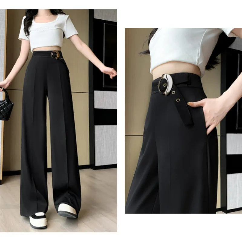 2024 New Women's Summer Simple Solid Color Belt Elastic High Waist Fashion Casual Versatile Slim Fit Loose Wide Leg Pants