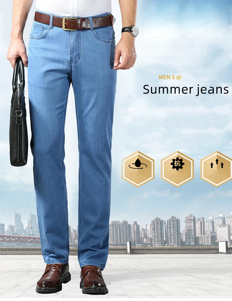 New Ice Silk Thin Denim Jeans For Men Blue Straight Stretch Cotton Pants Business Casual Lightweight Trousers Spring Summer