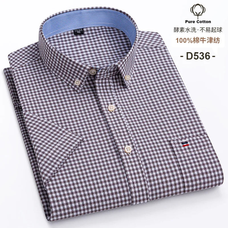 6XL 7XL 100% cotton men's short sleeve shirt Summer non-ironing Business casual Plus size High quality breathable plaid