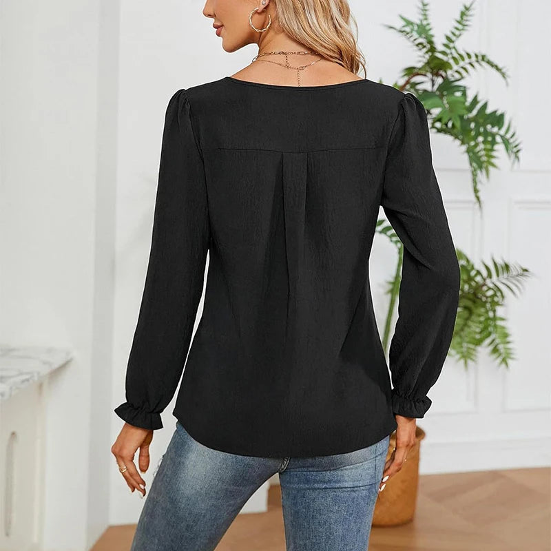 Women Chiffon Blouse V-Neck Long-Sleeve Fashion Solid Color Pullover Shirt Basic Chic Tops Business Office Lady Elegant Clothing