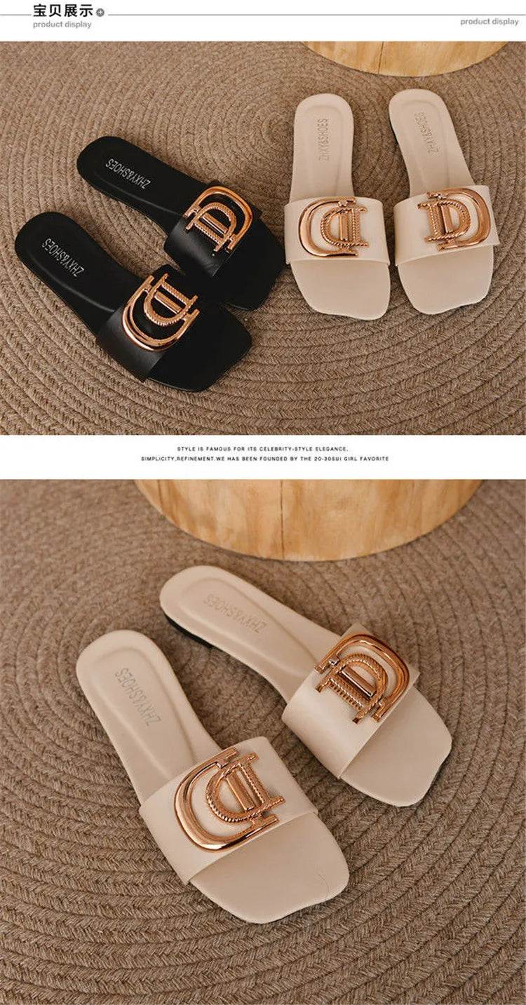 Luxury Women Slippers Buckle Design Small Incense Style Casual Women Flat Sandals External Wear Summer Sandy Beach Women Slides