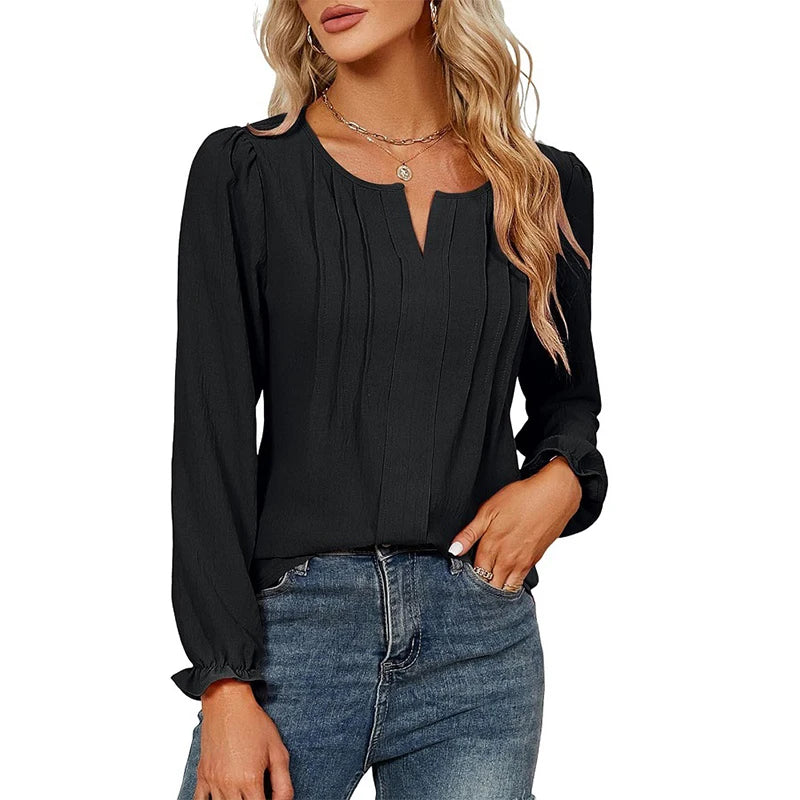 Women Chiffon Blouse V-Neck Long-Sleeve Fashion Solid Color Pullover Shirt Basic Chic Tops Business Office Lady Elegant Clothing