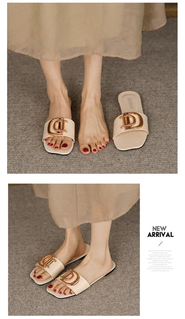 Luxury Women Slippers Buckle Design Small Incense Style Casual Women Flat Sandals External Wear Summer Sandy Beach Women Slides