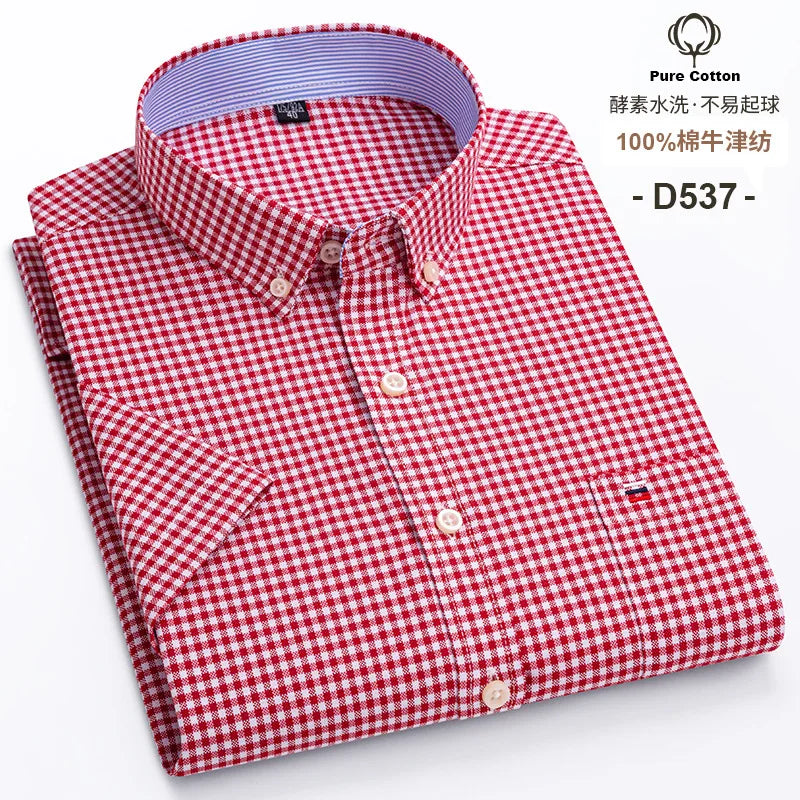 6XL 7XL 100% cotton men's short sleeve shirt Summer non-ironing Business casual Plus size High quality breathable plaid