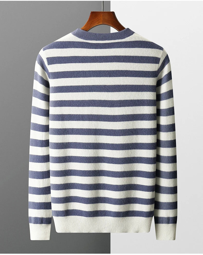 autumn and winter New 100% merino wool cashmere sweater men's O-neck pullover knitted striped contrast fashion loose top coat