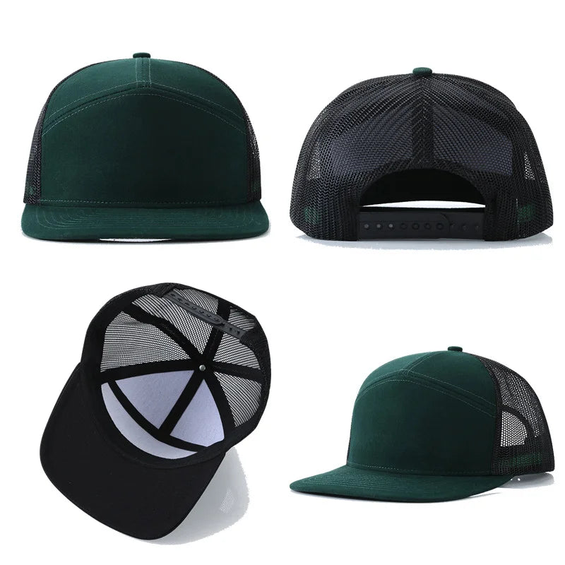 Custom Logo Text 7 Panel Flat Brim Baseball Cap Men and Women Mesh Truck Hat Summer Outdoor Adjustable Snapback Hip Hop Gorras