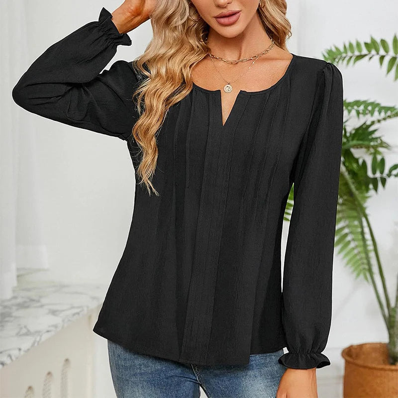 Women Chiffon Blouse V-Neck Long-Sleeve Fashion Solid Color Pullover Shirt Basic Chic Tops Business Office Lady Elegant Clothing