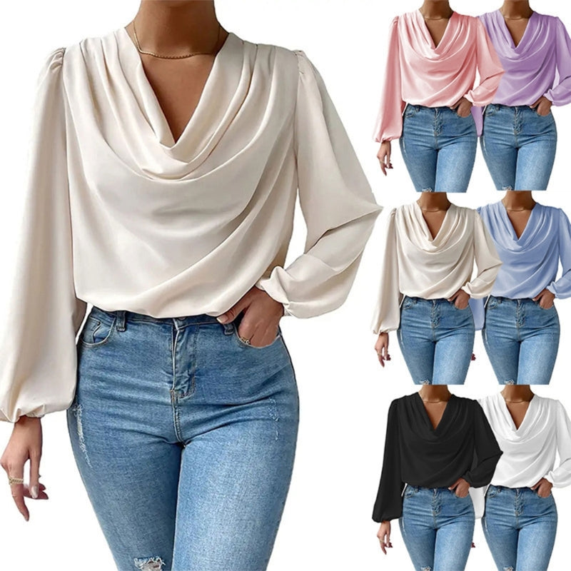 Solid Color Blouses for Women Puff Long Sleeve Shirts Elegant Drape Cowl Neck Ruched Front Loose Pullover Top Dropship