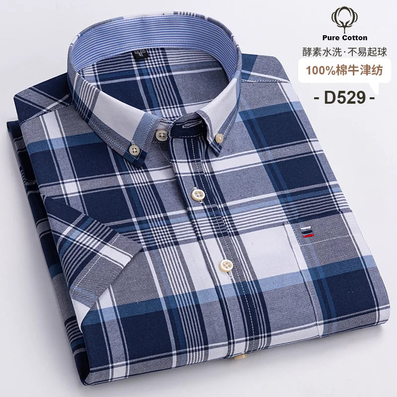 6XL 7XL 100% cotton men's short sleeve shirt Summer non-ironing Business casual Plus size High quality breathable plaid