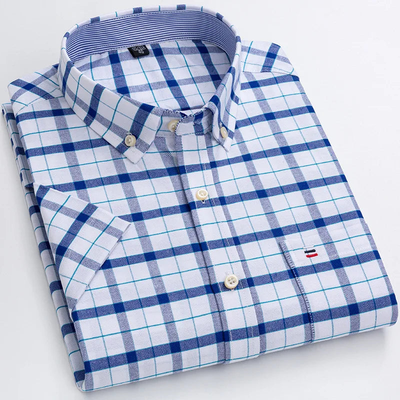 6XL 7XL 100% cotton men's short sleeve shirt Summer non-ironing Business casual Plus size High quality breathable plaid