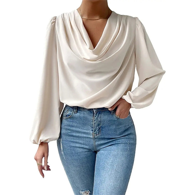 Solid Color Blouses for Women Puff Long Sleeve Shirts Elegant Drape Cowl Neck Ruched Front Loose Pullover Top Dropship