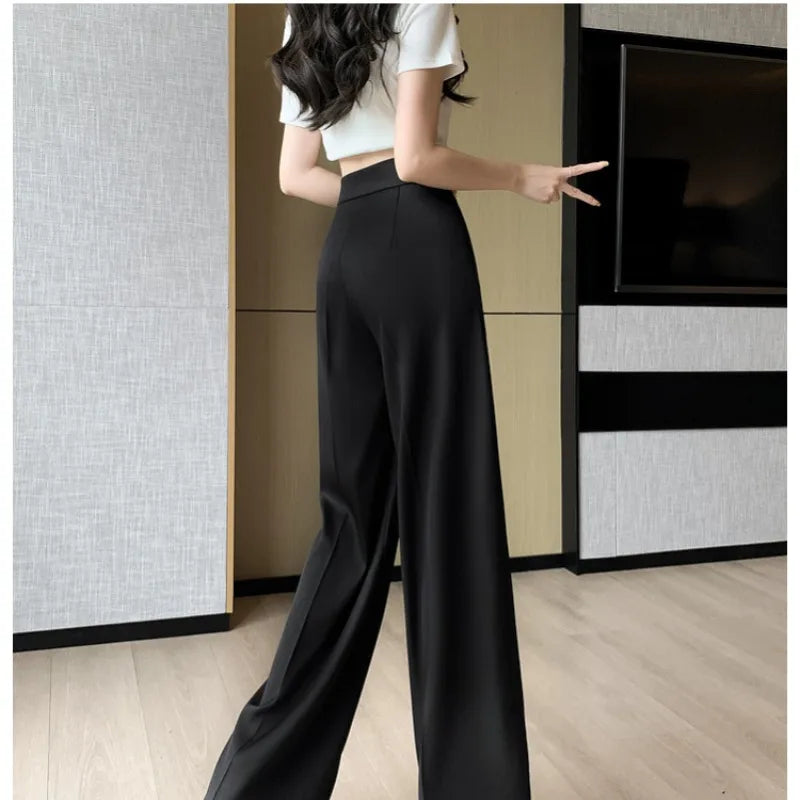 2024 New Women's Summer Simple Solid Color Belt Elastic High Waist Fashion Casual Versatile Slim Fit Loose Wide Leg Pants