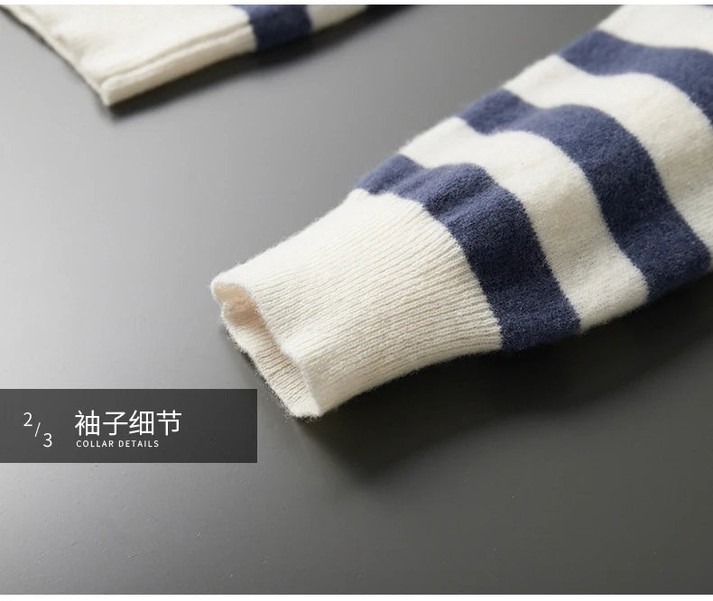 autumn and winter New 100% merino wool cashmere sweater men's O-neck pullover knitted striped contrast fashion loose top coat